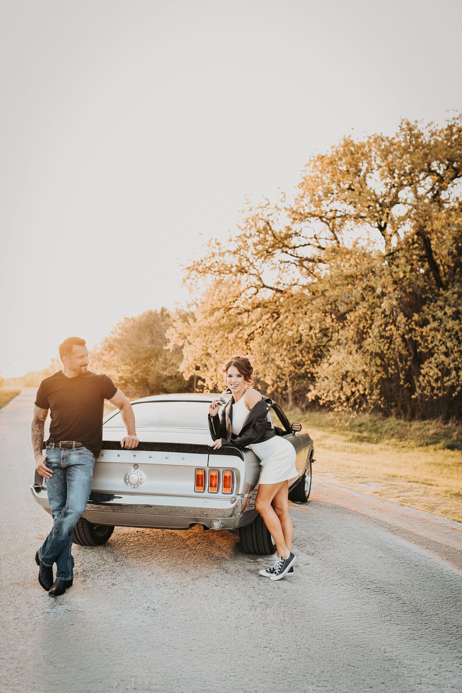 Megan Ewoldsen and Joel Freeman stylish engagement session with 1969 Mustang Mach 1