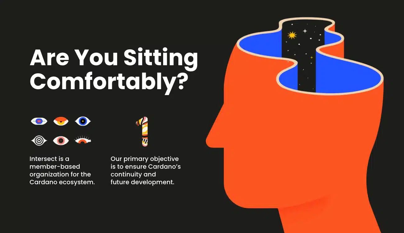 Intersect Cardano ecosystem infographic with open human head illustration and text Are You Sitting Comfortably on dark background.
