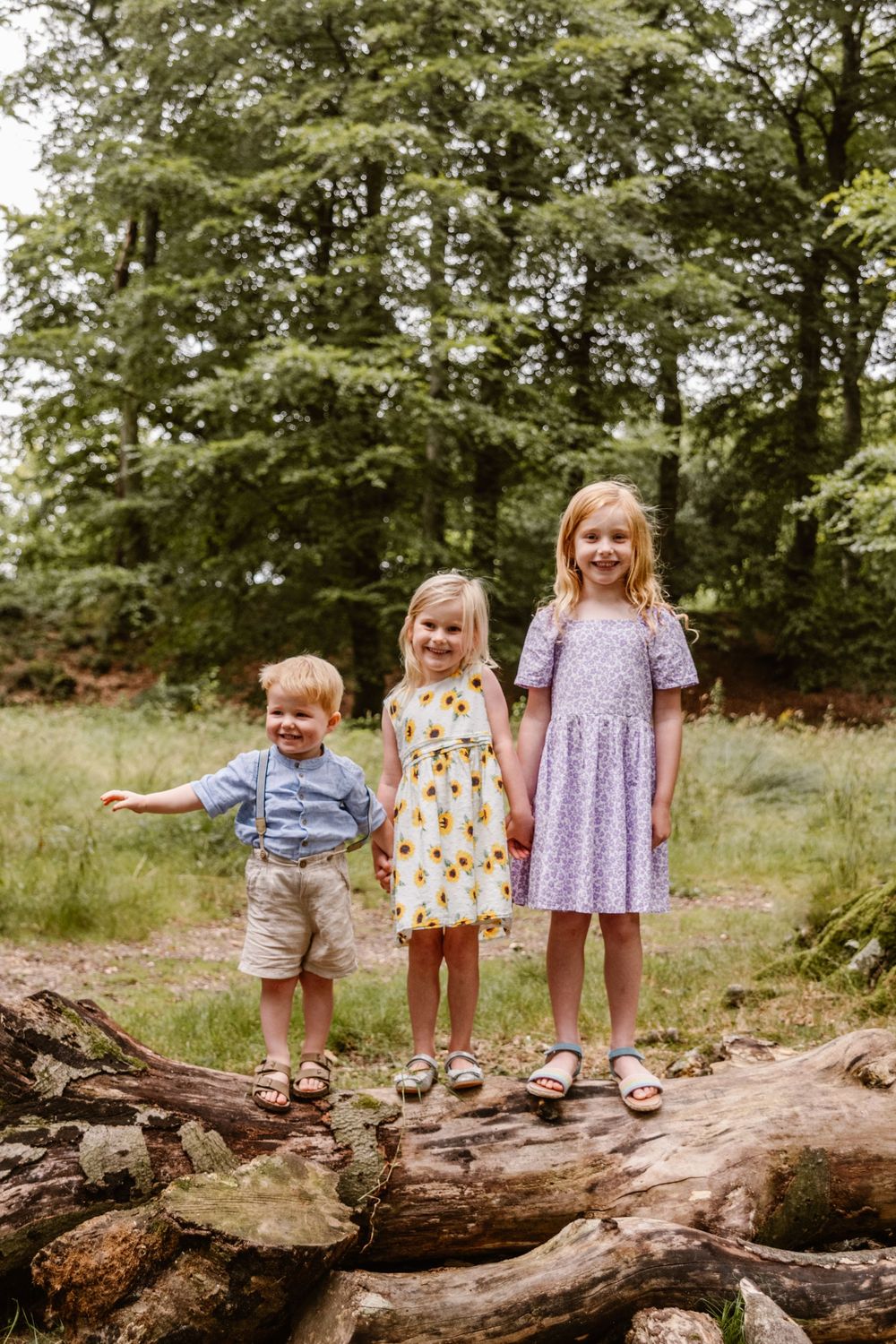 Three young children smiling and holding hands on a log in a lush green forest setting.