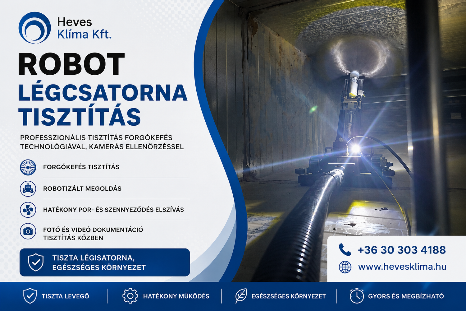 Professional air duct cleaning service banner featuring robotic inspection equipment and rotating brush technology by Heves Klima Kft.