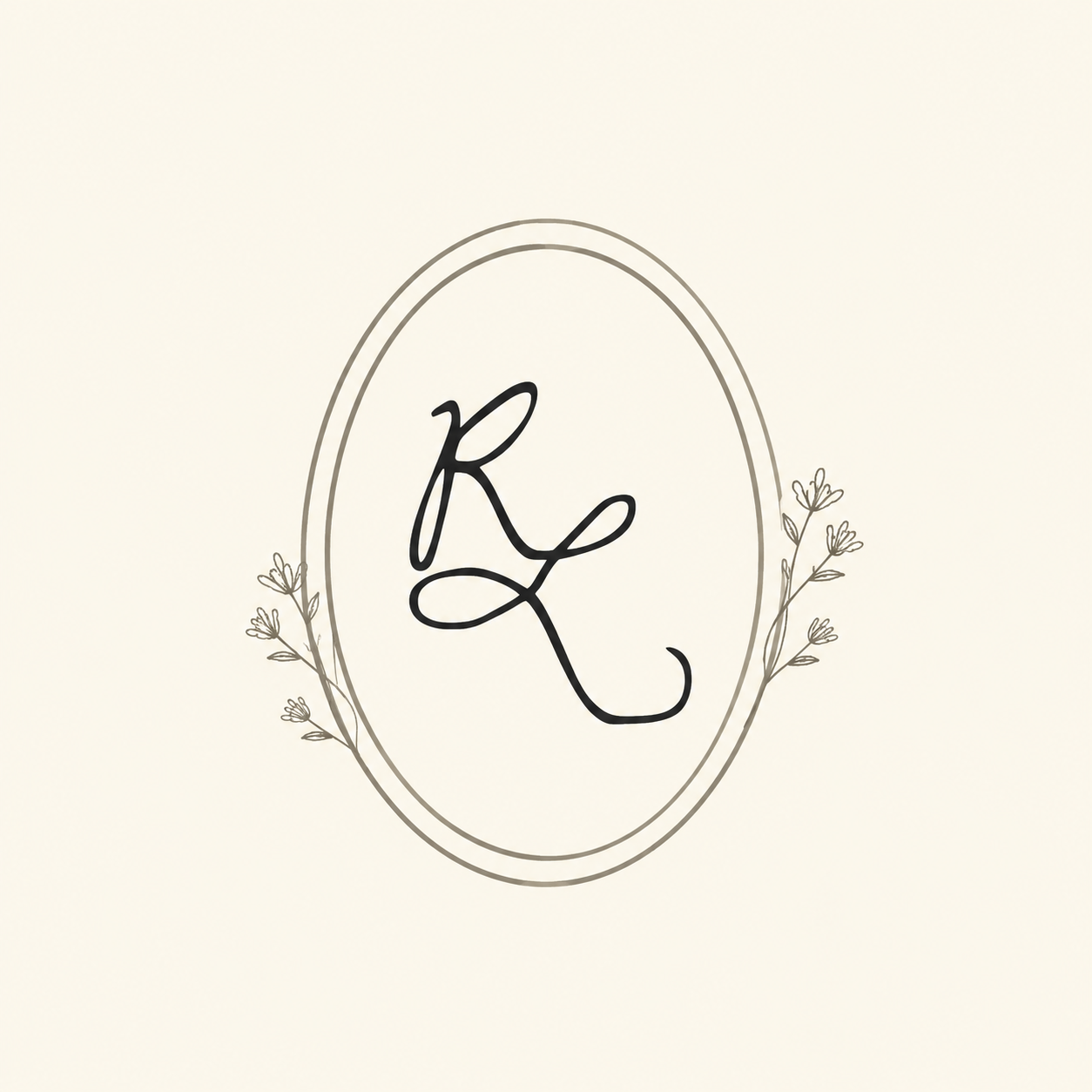 Elegant oval floral frame monogram logo with cursive letters RL on cream background.