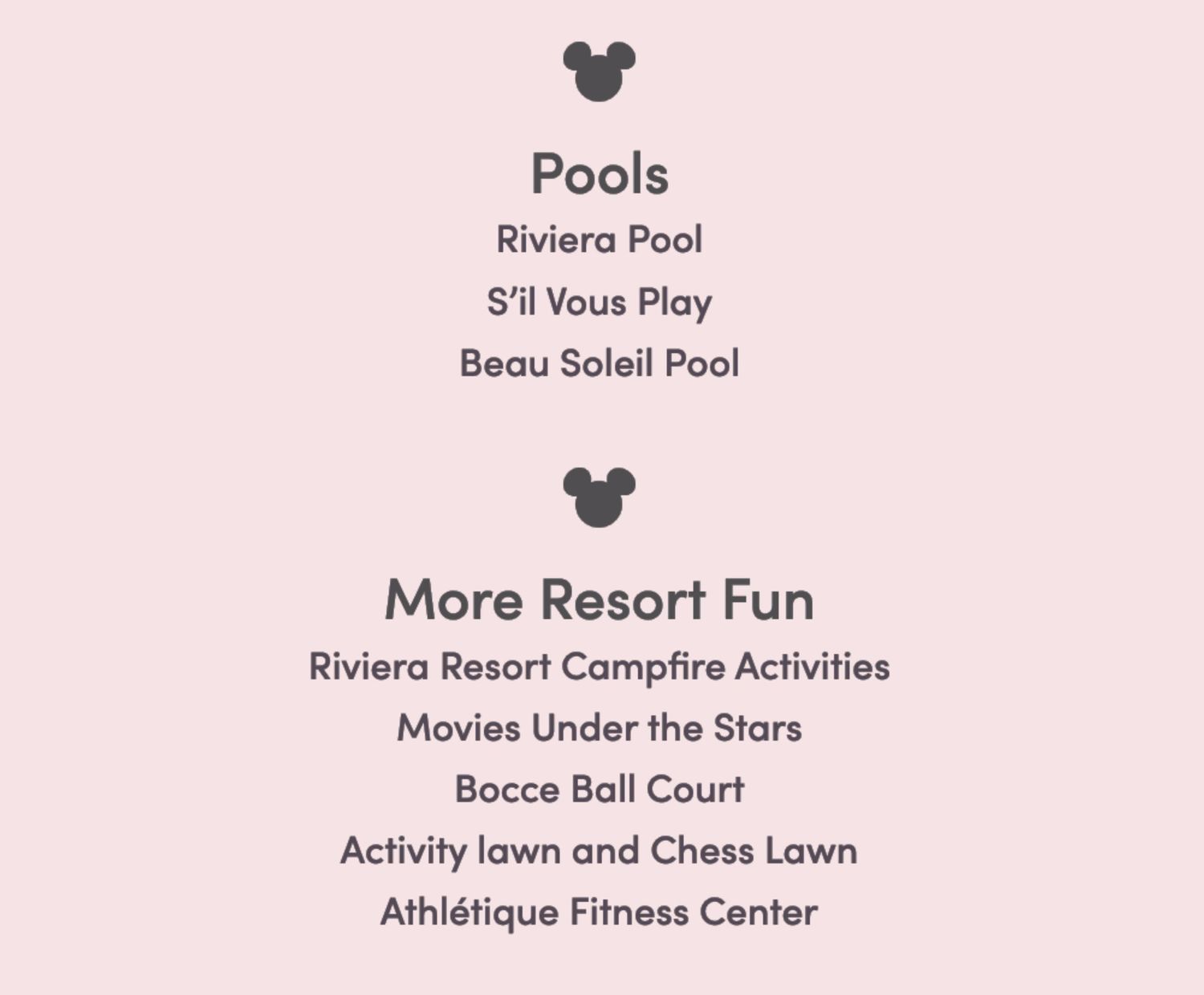 Resort amenities list featuring pools and activities including fitness center and movies under the stars.