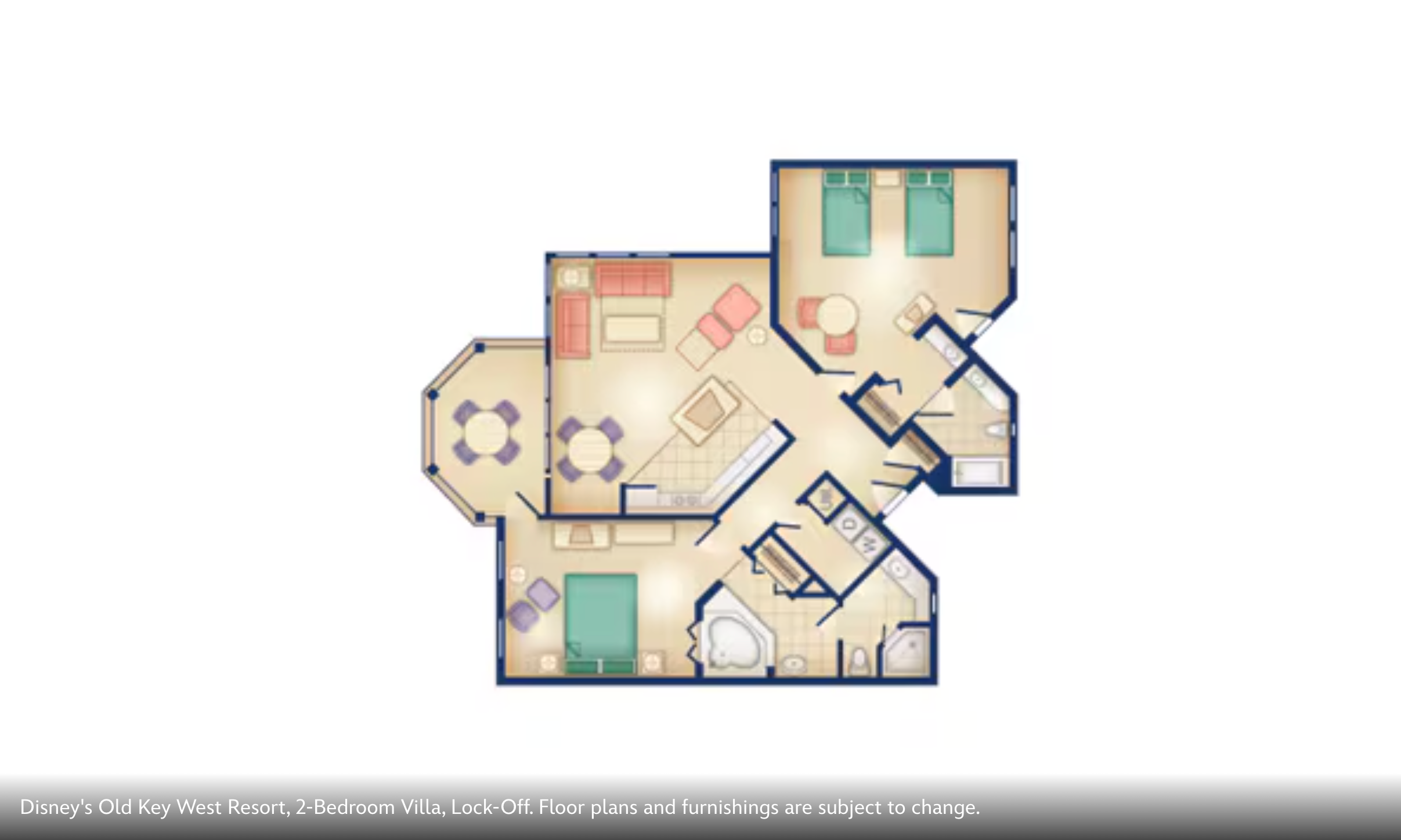 Architectural floor plan of a two-bedroom villa with detailed room layouts.