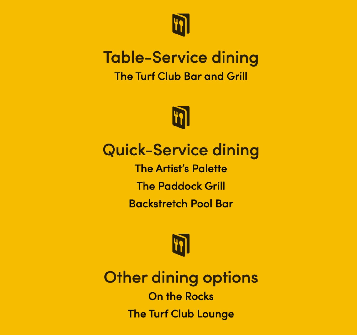 Yellow dining guide showing table service, quick service and other dining options at the resort.