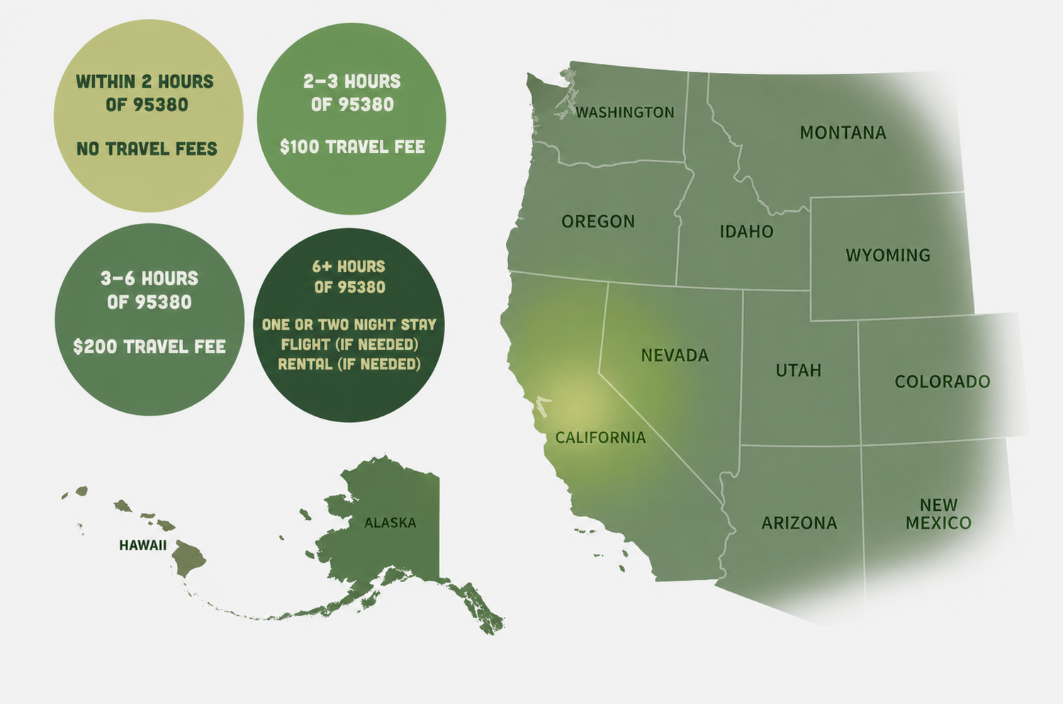 Map showing travel fee zones from Vegas, with no fee within 2 hours and increasing fees up to 4+ hours away.
