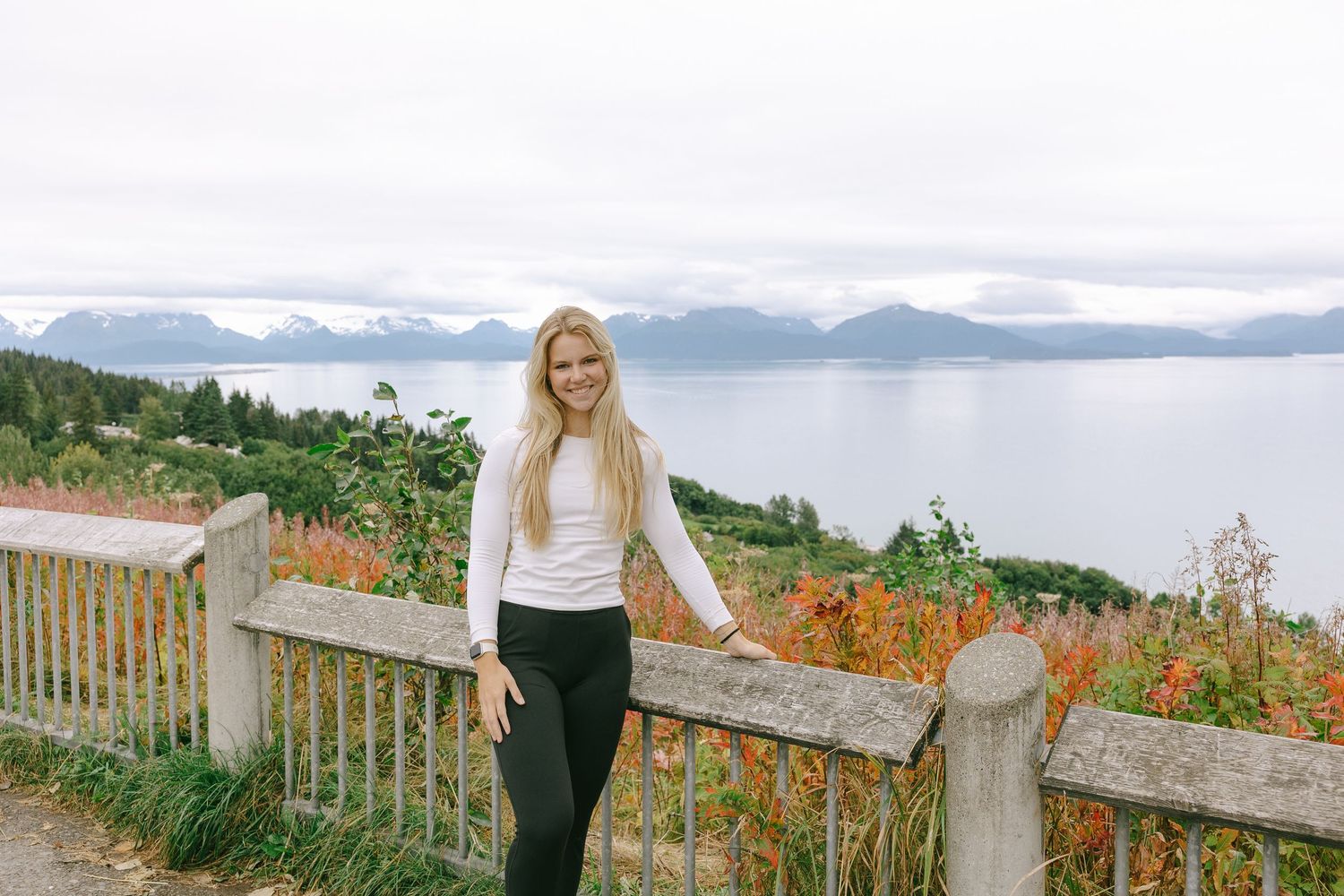 Person stands by wooden railing overlooking scenic mountain lake view with autumn foliage in foreground.