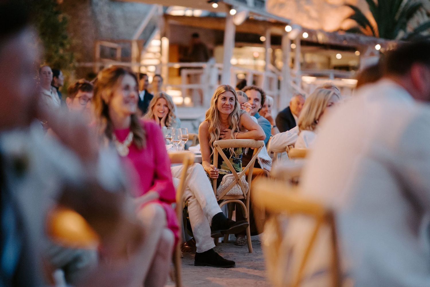 wedding guests laughing during speeches at Amante Ibiza