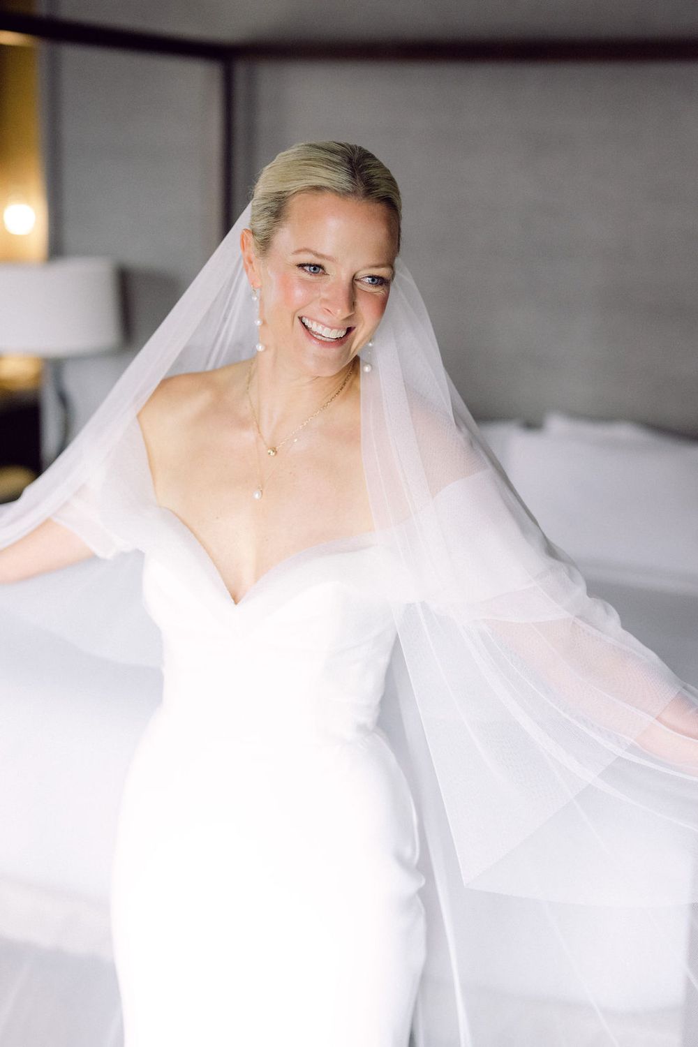 A series of bridal portraits showing a flowing white wedding gown and veil in natural light.
