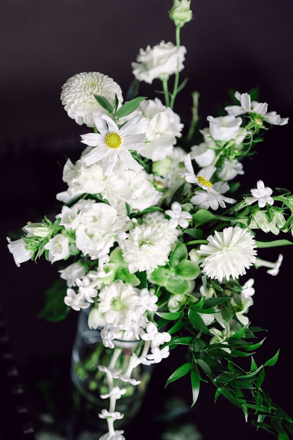 White chrysanthemum flowers with green leaves arranged in a delicate display against a dark background.