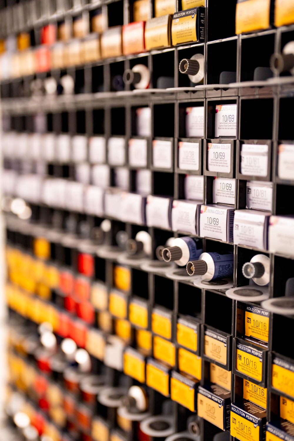 Close-up view of organized film rolls and cartridges stored in shelves with yellow and white labels.