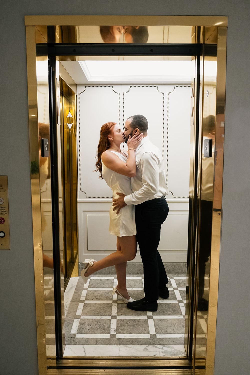 A romantic couple embraces and kisses in an elevator, captured in a series of intimate moments.