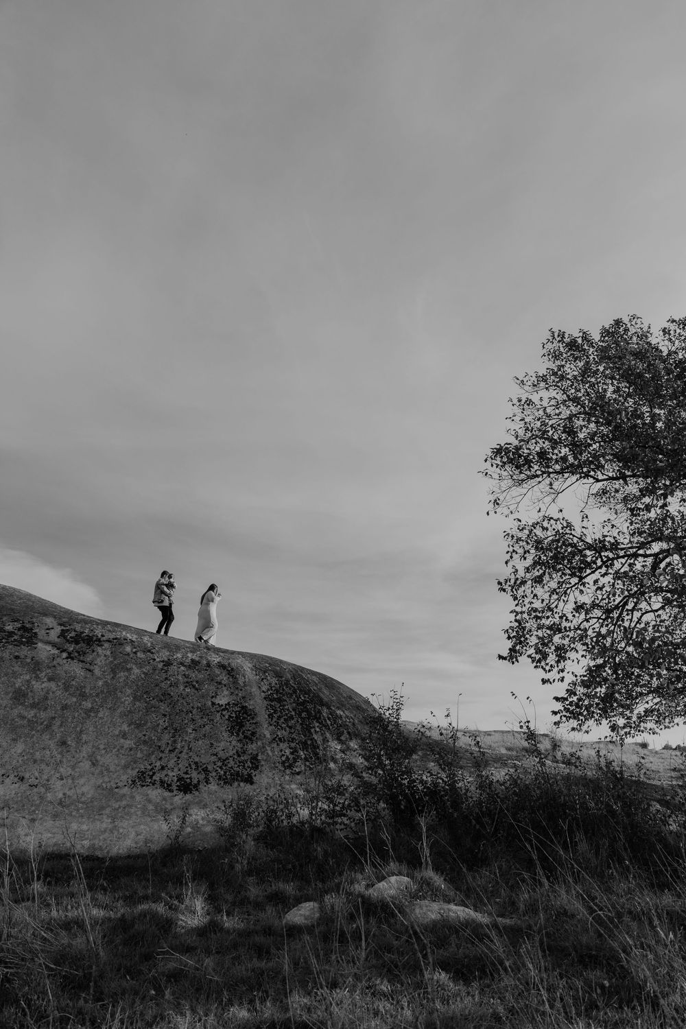 Black and white photo of couple standing on large rock formation against cloudy sky with tree silhouette.