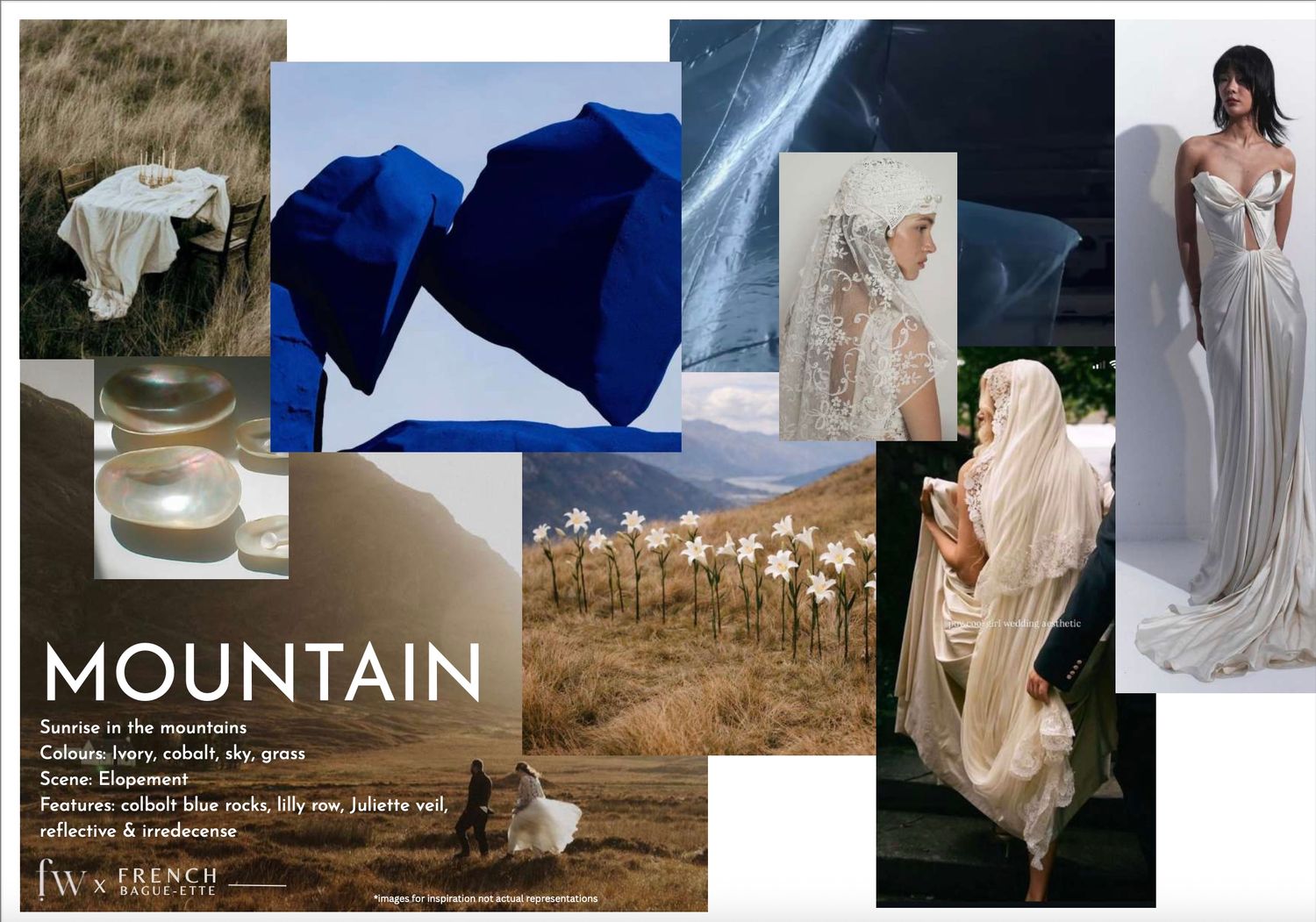 A romantic wedding inspiration mood board featuring ethereal dresses, mountain landscapes, and elegant decor details in soft tones.