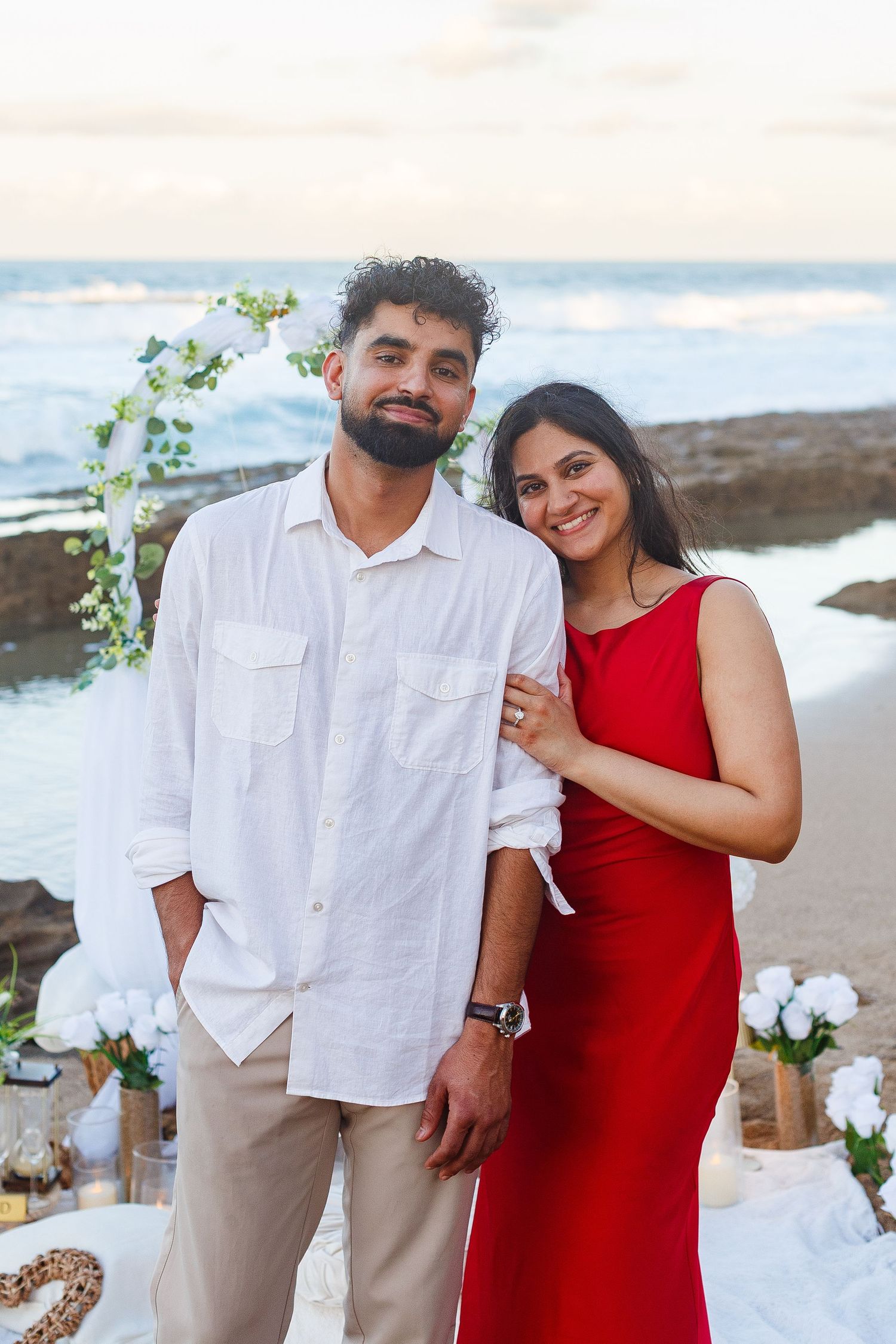 Couples portrait. Proposal and engagement session. Man and woman on the beach. Kikita Surf Beach, Dorado, Puerto Rico.