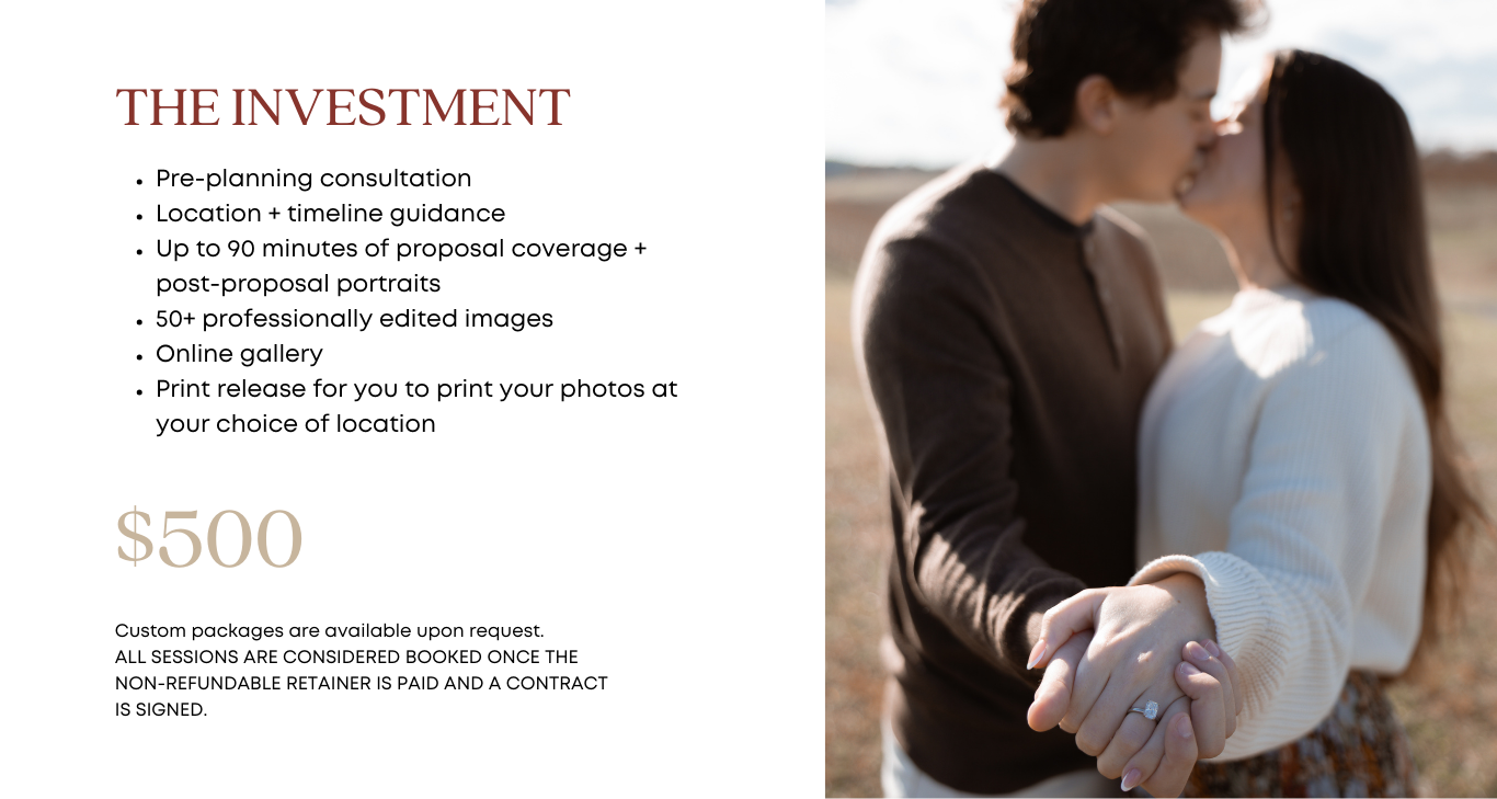 A wedding photography pricing sheet displays package details with floral decorative elements in brown and pink tones.