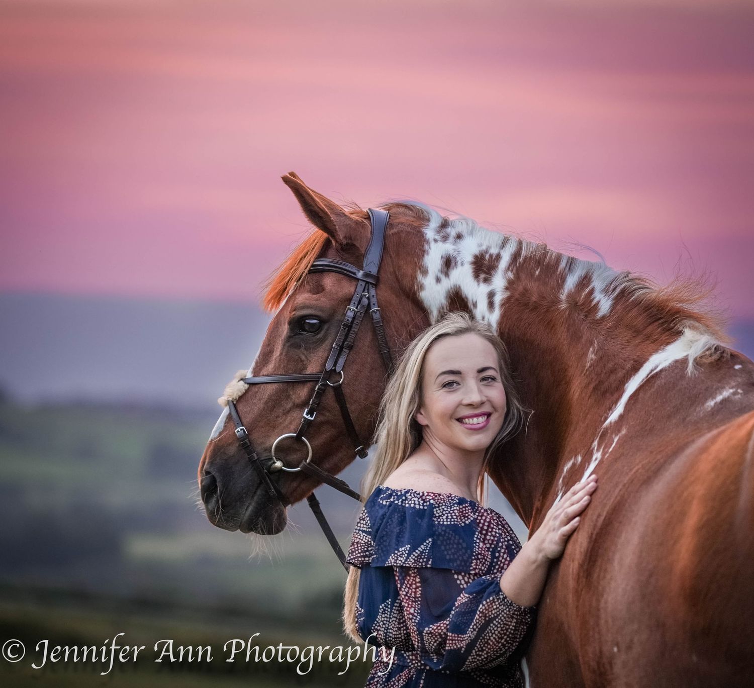 A sequence of equestrian photos showing a brown horse and rider against a pink sunset sky at different angles.