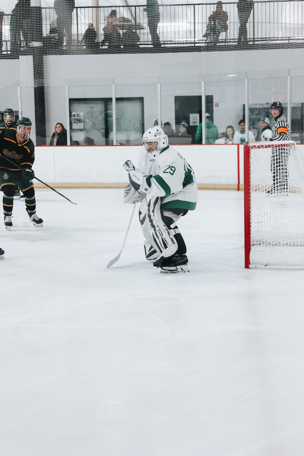 Ice hockey goalie in green and white uniform defends the net during a game.