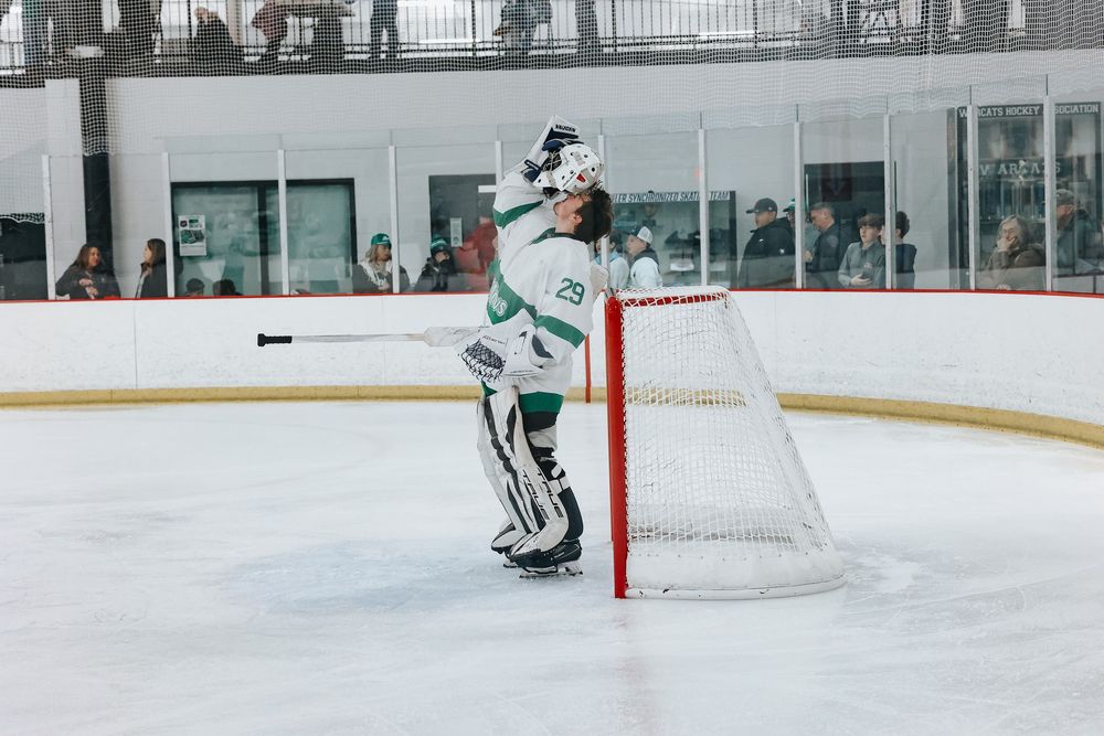 Hockey players compete on an indoor rink with spectators watching from the viewing area.