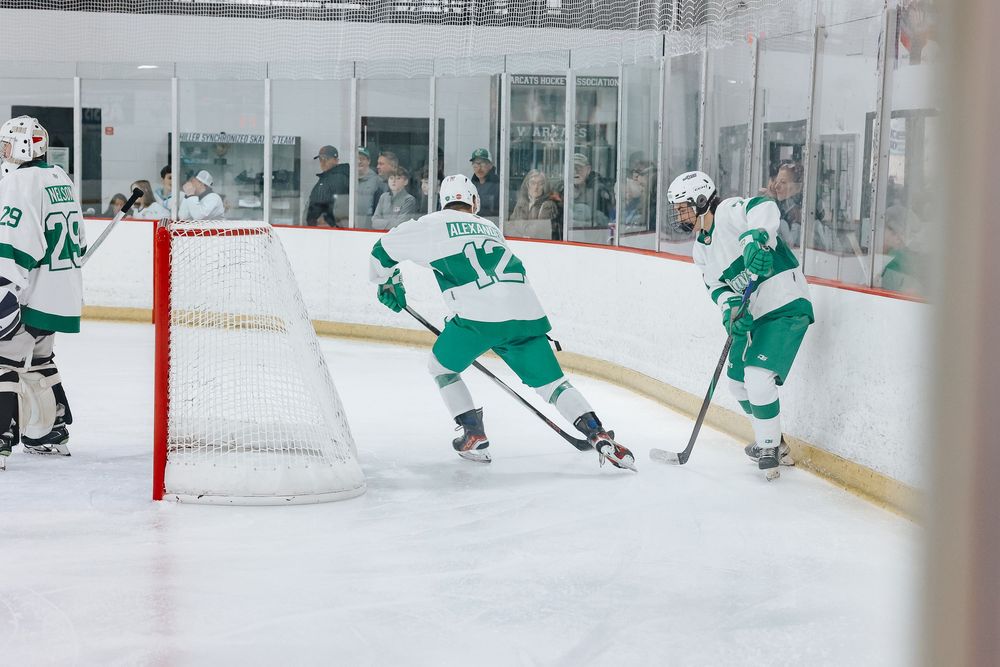 Hockey players in green and white jerseys playing near goal during ice hockey match.