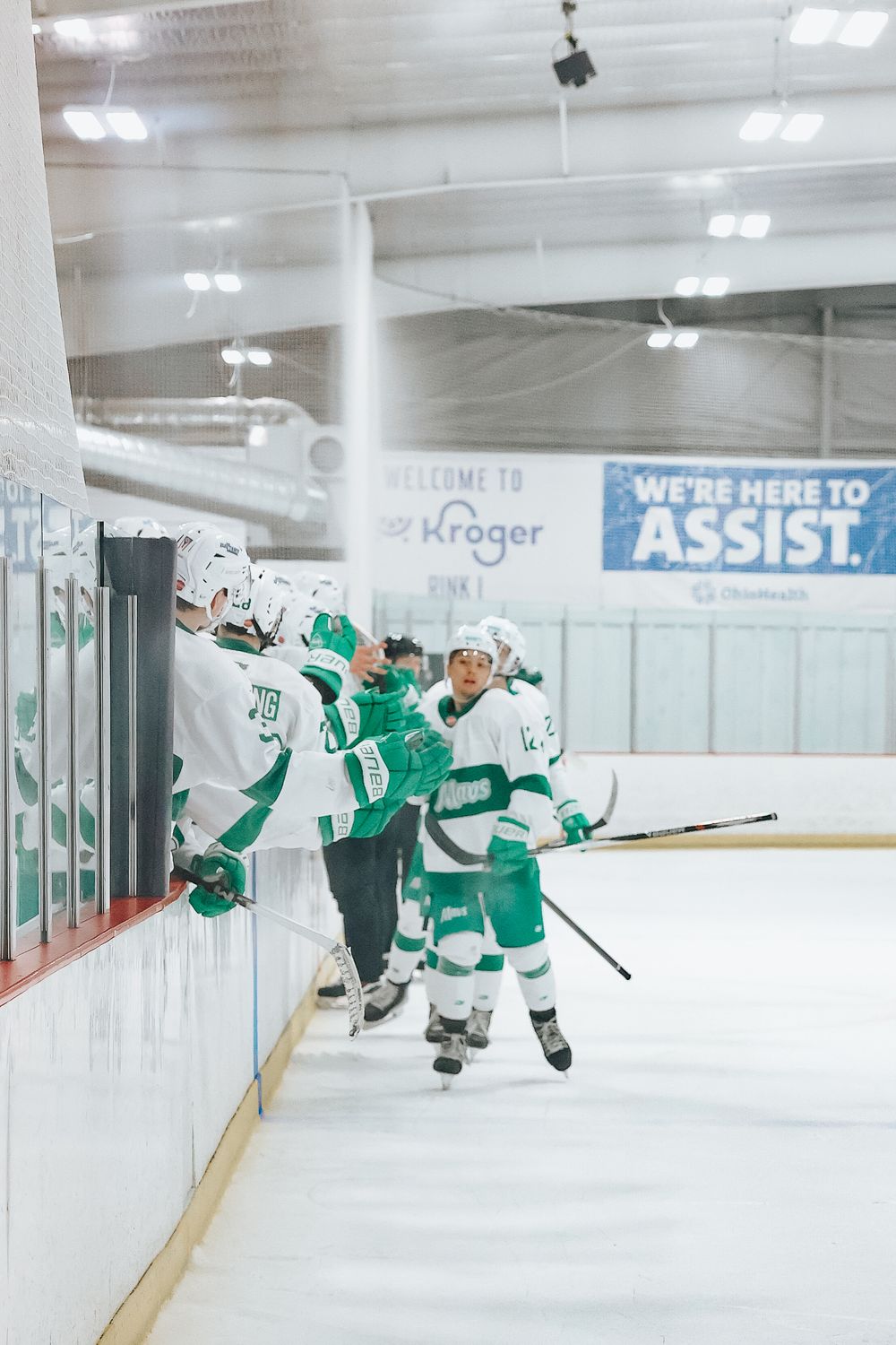 Hockey players celebrating against boards during game with arena signage visible in background.