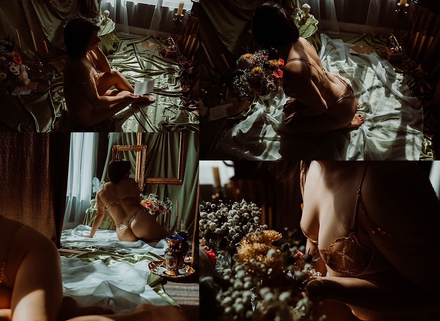 model surrounded by flowers on studio floor in romantic fabircs for Bridgerton-inspired Spring boudoir sessions