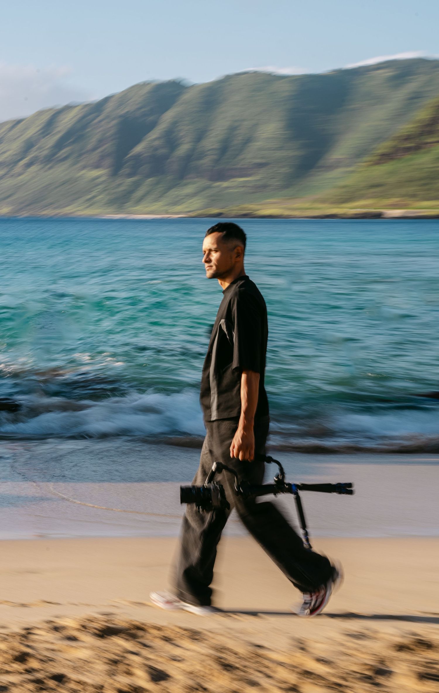 A silhouette against a misty tropical landscape with palm trees and mountains in the background.