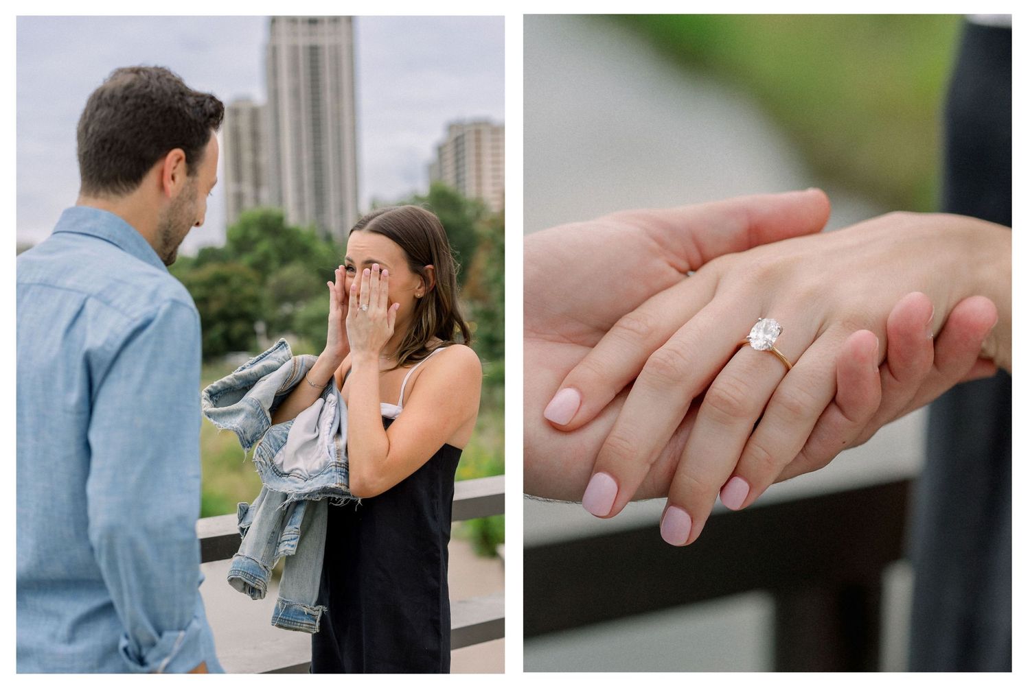 Candid Lincoln Park engagement proposal with joyful reaction and engagement ring.