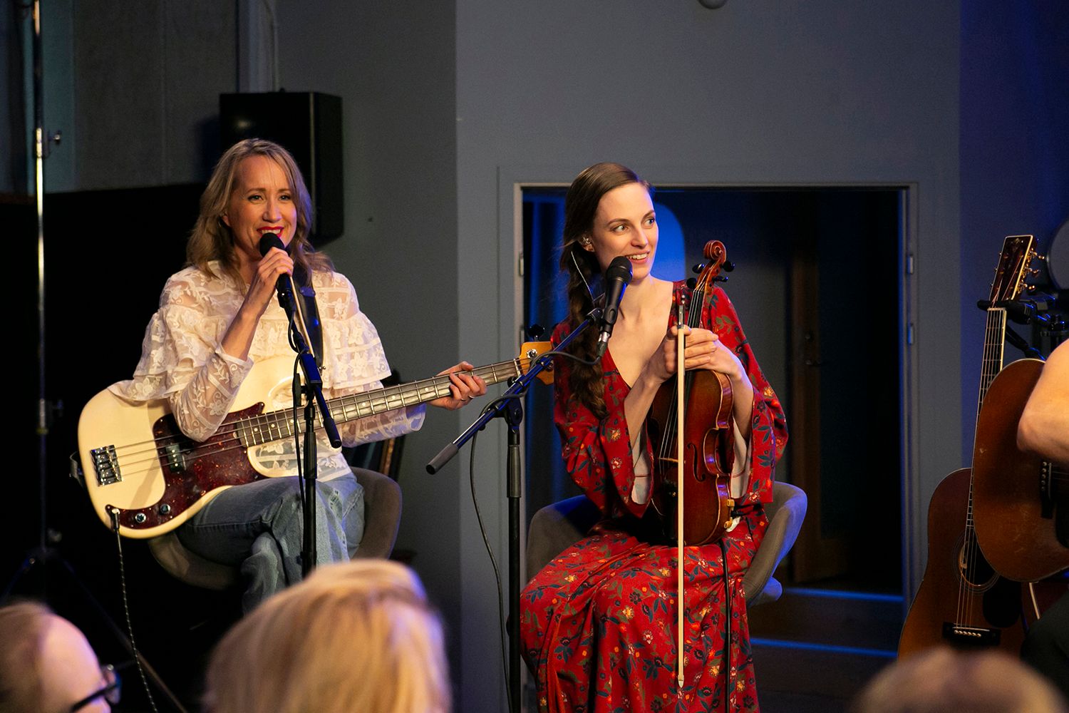 Peter Johansson och Bruno Mitsogiannis i Bagpipe Studio med Rakt Live. Fotograf Rebecca Nordin. Matilda Grün och Petra Wahlgren.