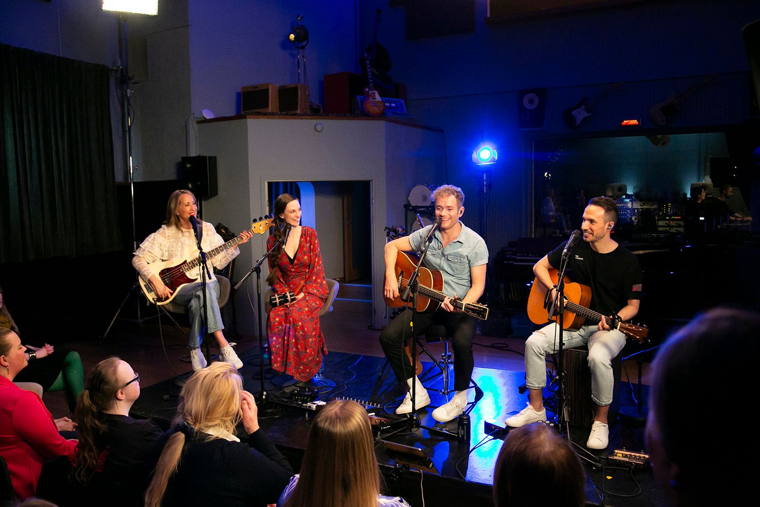 Peter Johansson och Bruno Mitsogiannis i Bagpipe Studio med Rakt Live. Fotograf Rebecca Nordin. Matilda Grün och Petra Wahlgren.