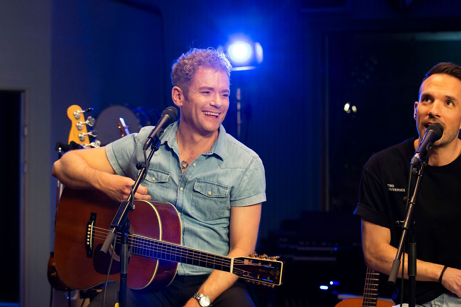 Peter Johansson och Bruno Mitsogiannis i Bagpipe Studio med Rakt Live. Fotograf Rebecca Nordin.