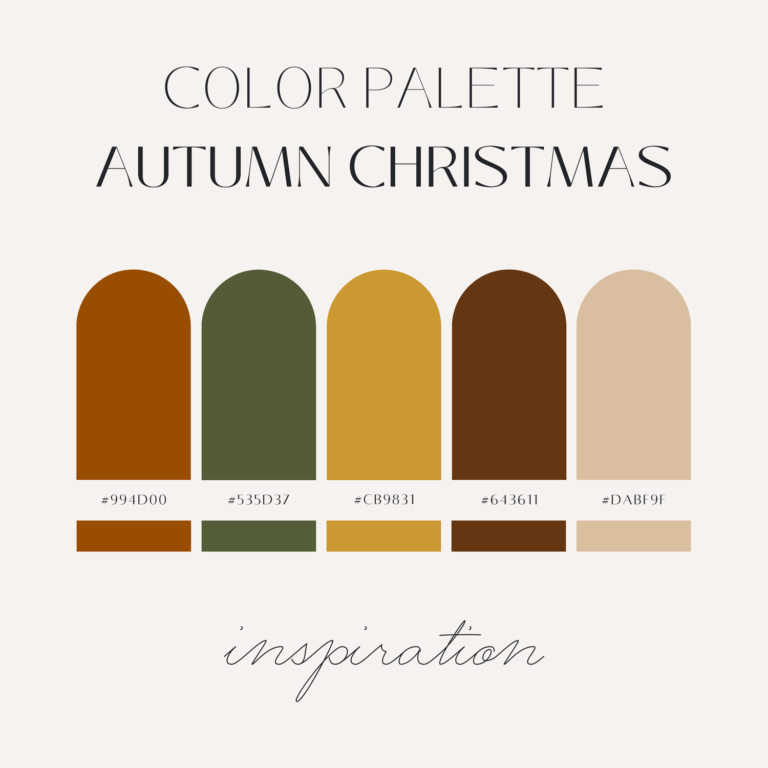 Autumn Christmas color palette featuring muted green, sage, beige, golden yellow and brown tones.