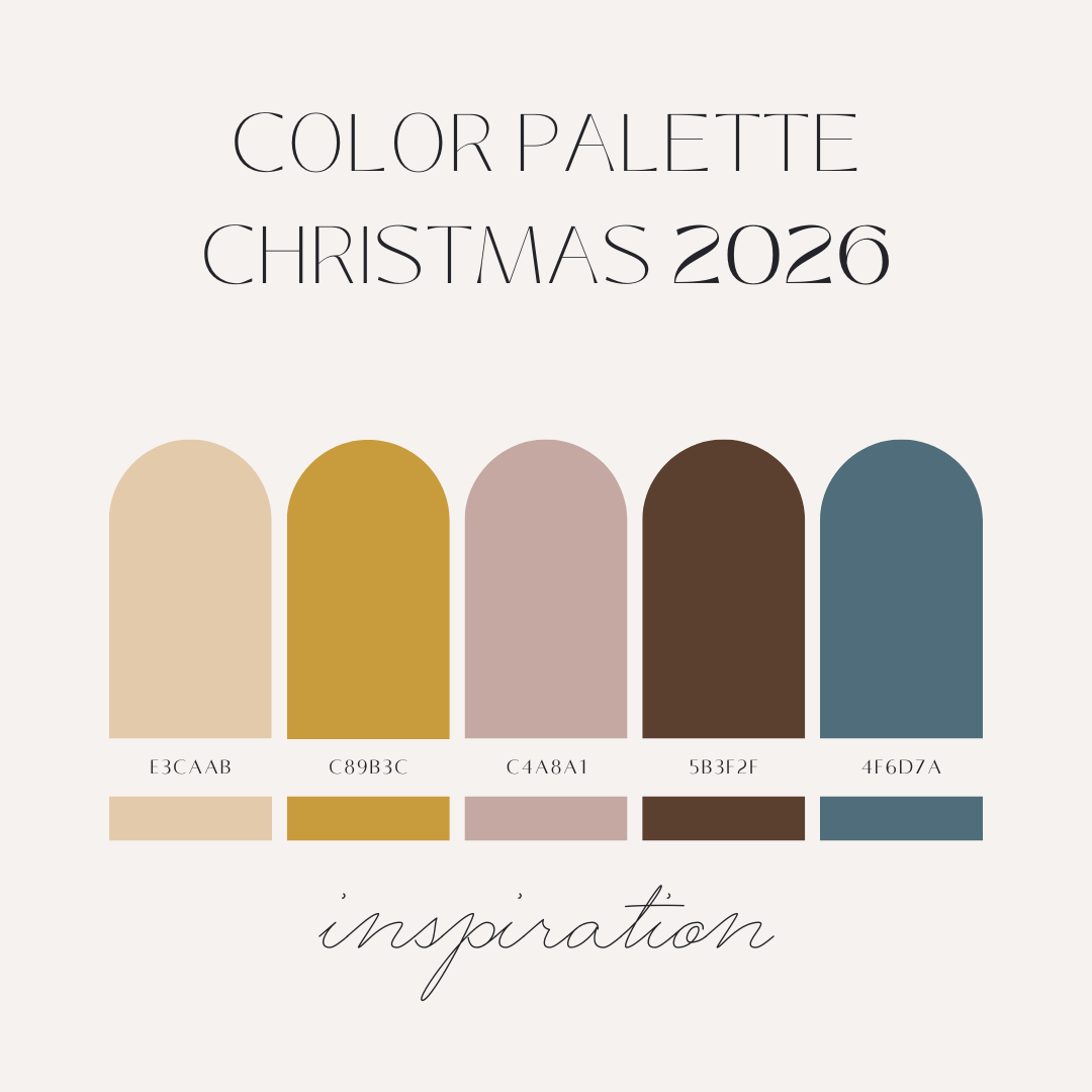 Autumn Christmas color palette featuring muted green, sage, beige, golden yellow and brown tones.