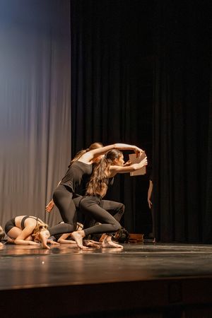 Modern dancers perform an expressive contemporary piece on stage with dramatic lighting and flowing movements.