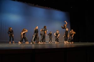 Group of dancers in black attire create fluid formations on a dimly lit performance stage.