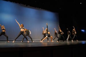Wide shot of dancers performing in silhouette against blue lighting on stage.
