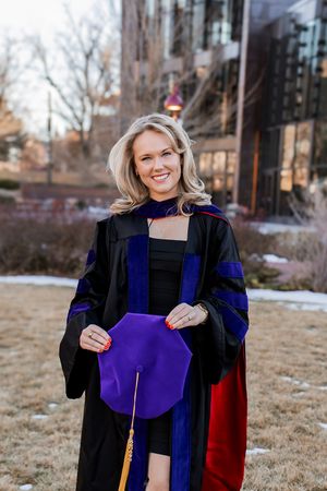 A series of graduation photos showing someone in purple and black academic regalia posing outdoors on a winter day.