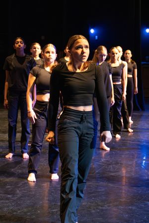 Modern dance performers in black attire line up on stage during a contemporary performance with blue lighting.