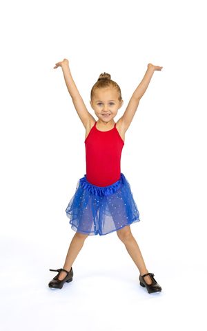 Sequence of young dancer in red and blue tutu performing dance moves.