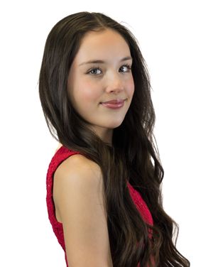 Young woman with long dark hair wearing a red sleeveless top poses in different positions against white background.