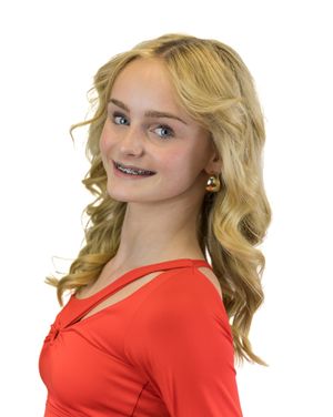 Series of poses showing person in red top with blonde wavy hair and braces.