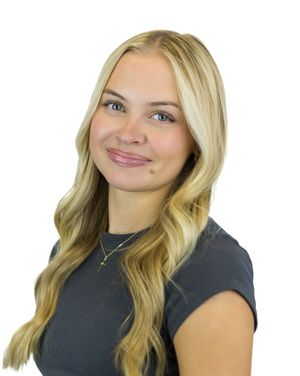 Young woman with blonde hair wearing a dark top poses in various positions against white background.