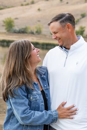 A series of candid photos showing a couple in a denim jacket and white shirt laughing and embracing outdoors.