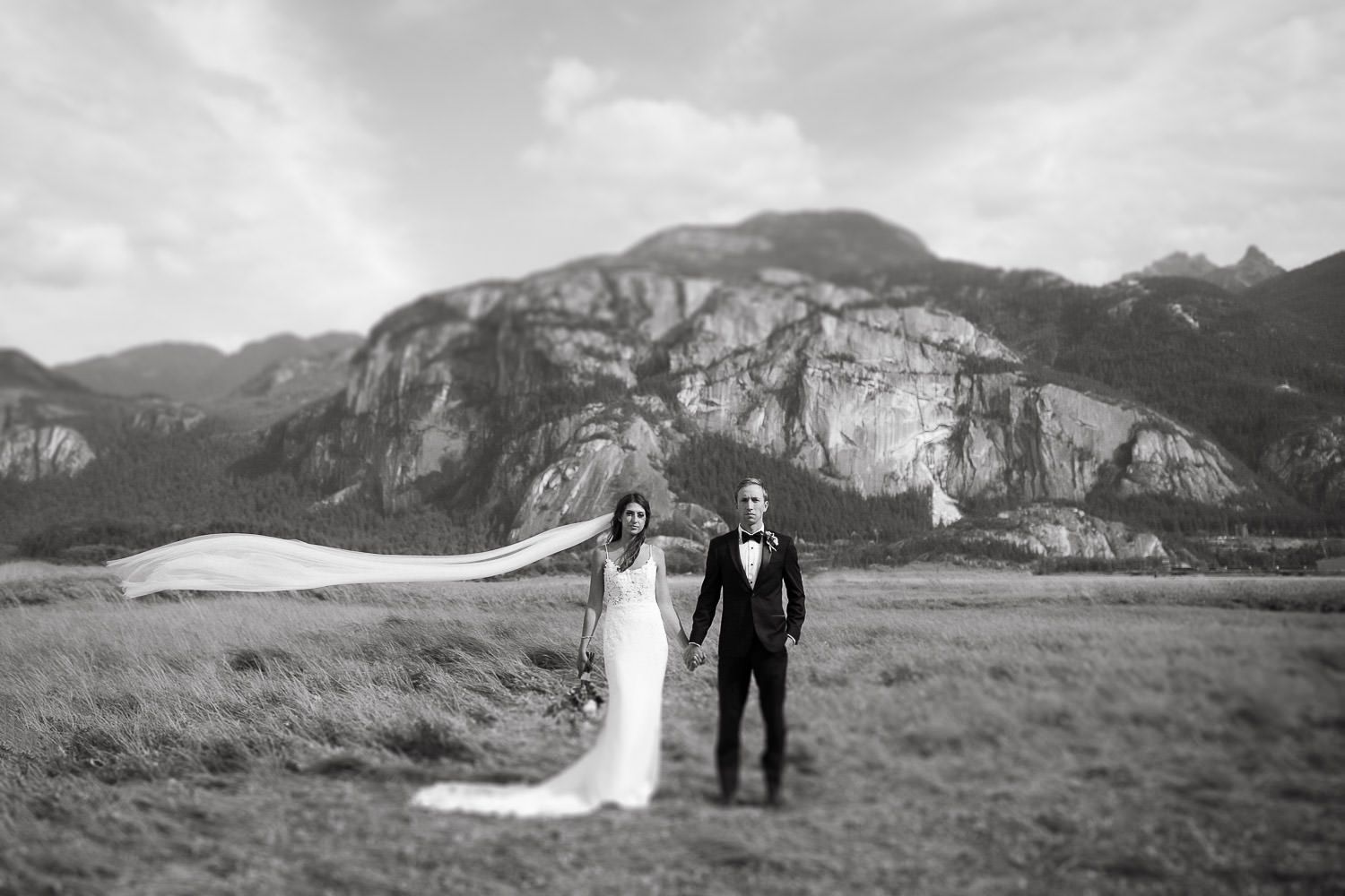 Panoramic mountain wedding photography with dramatic landscape backdrop.