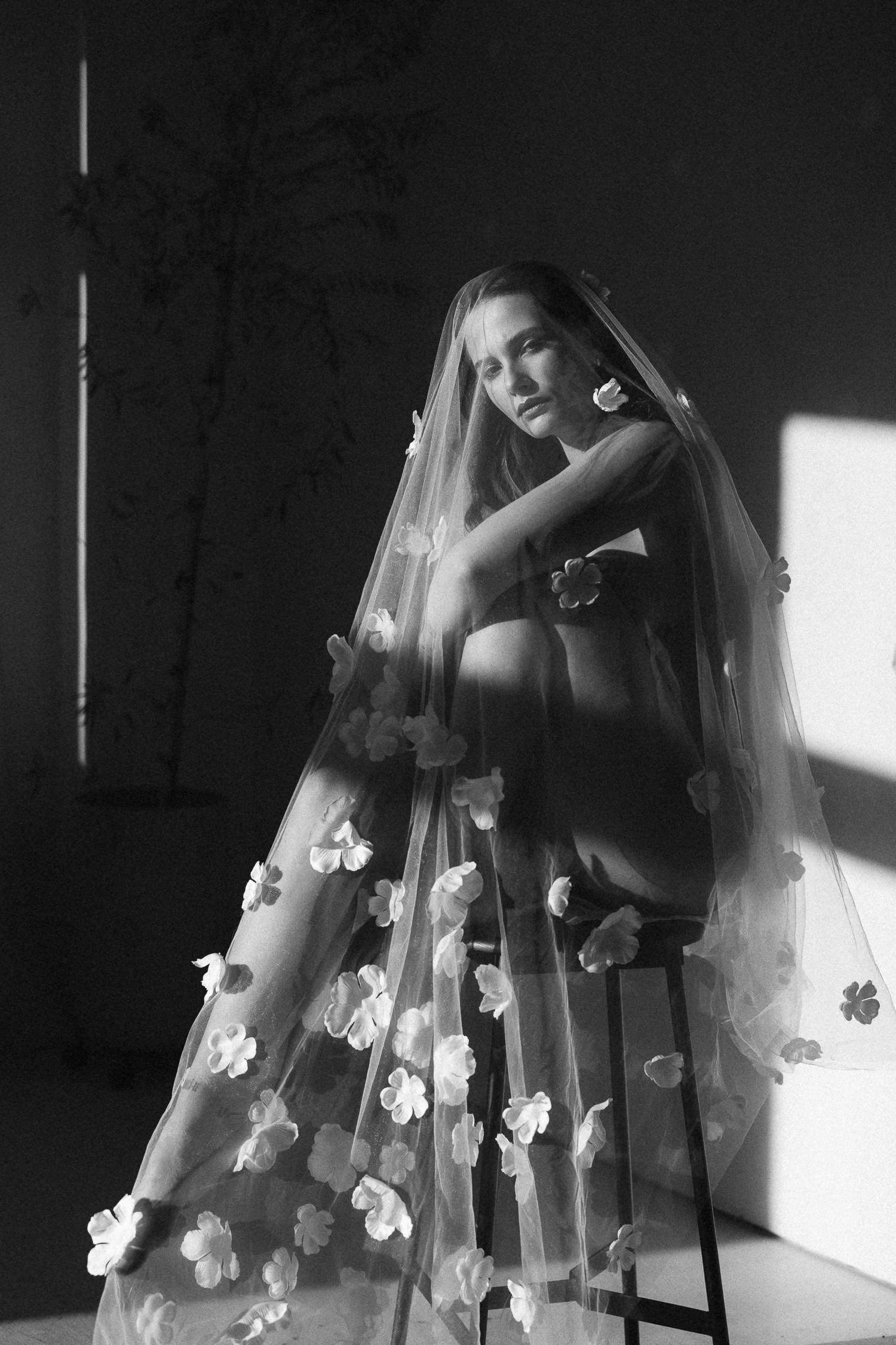 Artistic black and white photo of a wedding veil with floral appliques in dramatic lighting.