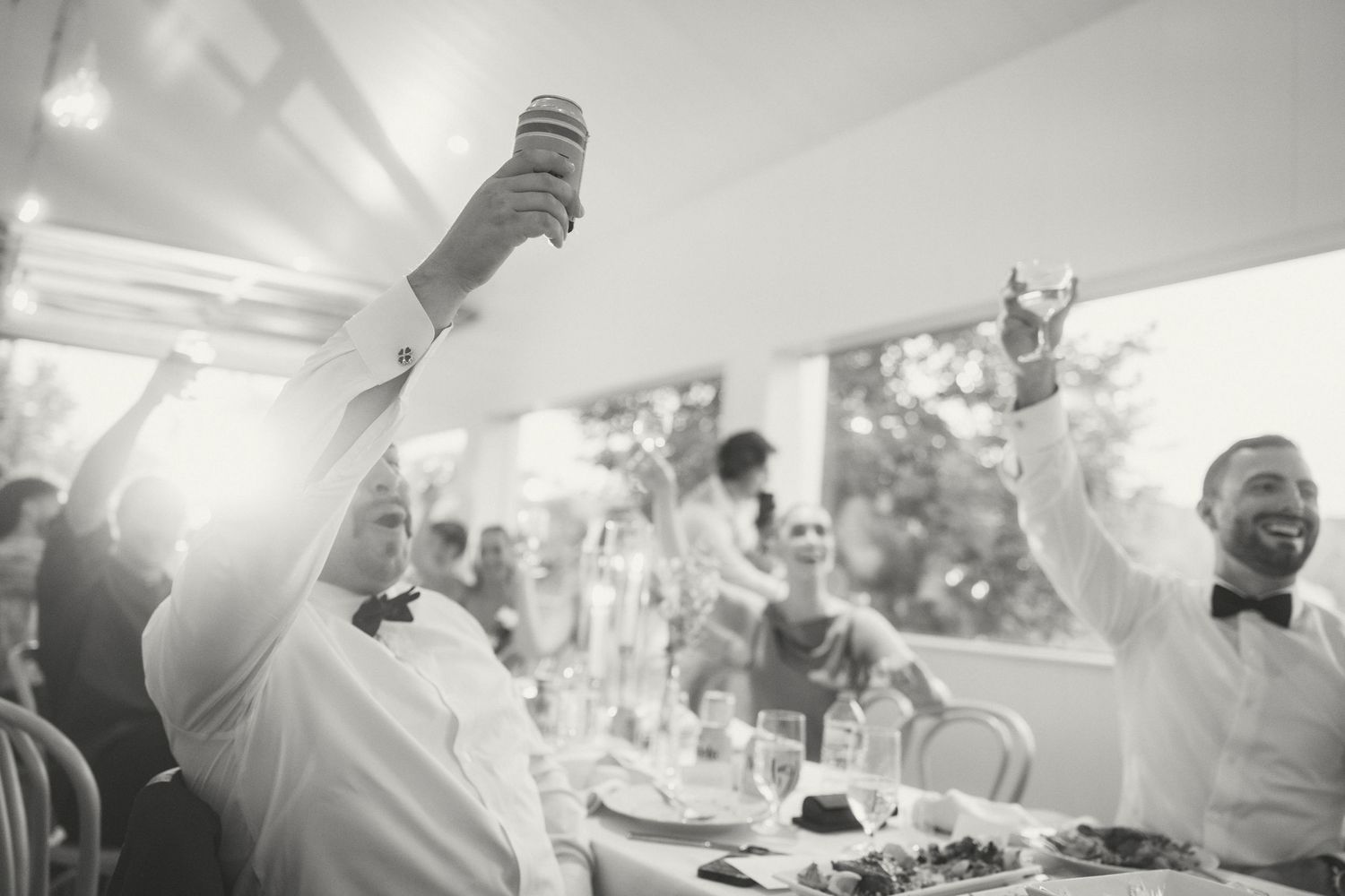 Wedding guests celebrating with raised glasses and joyful expressions during a reception toast.