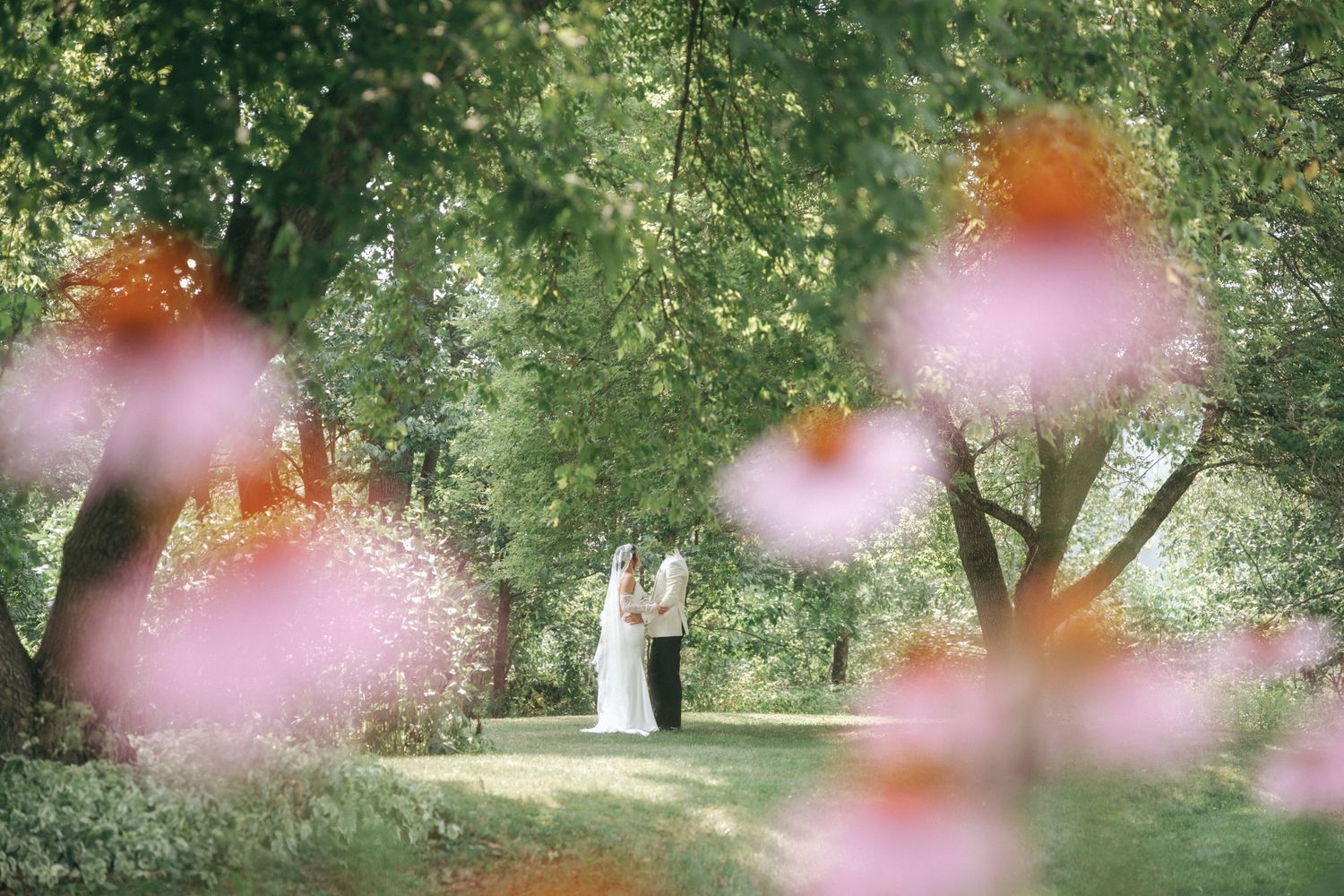 Pink flowers bloom in the foreground while a winding garden path leads through lush green trees in the background.