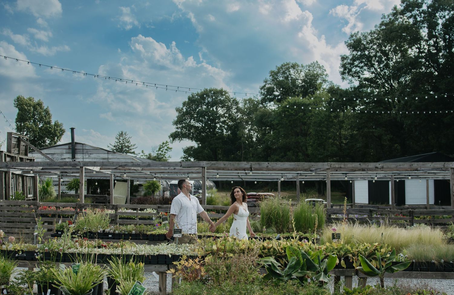 Couple walking together along a wooden boardwalk in a garden setting on a sunny day.