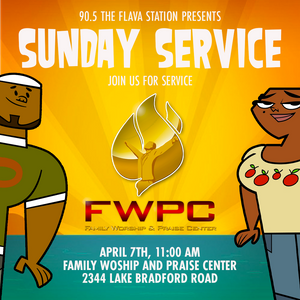 Bright orange banner advertising Sunday Service at Family Worship and Praise Center.