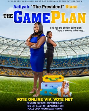 Campaign poster titled 'The Game Plan' set in a stadium with luggage and bulldog.