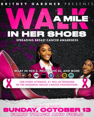 Walk a Mile breast cancer awareness event poster in pink and black design.